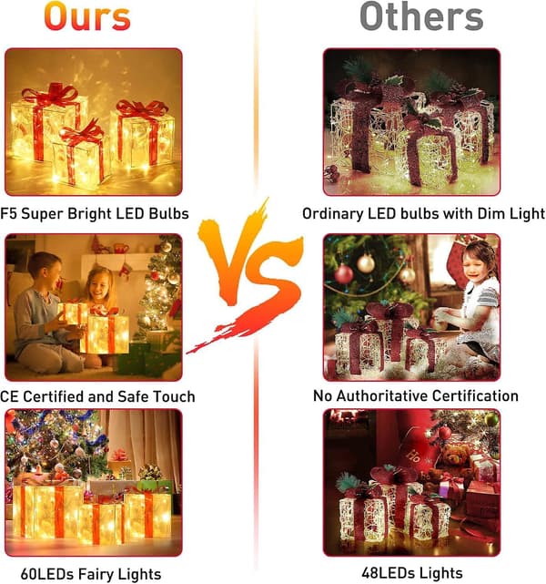 2025 New Decorative Gift Box with String Lights, Decorative Lights and Festive Ornaments, 3-piece Set