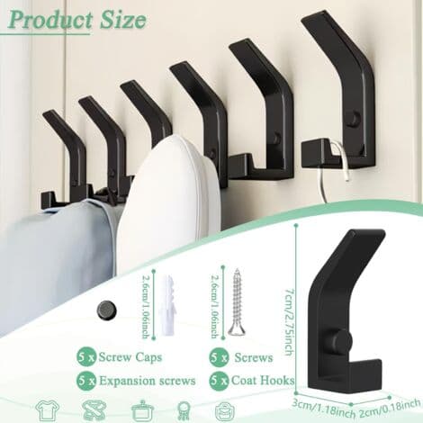Wall Hooks, 5 Pieces Wall Mounted Coat Rack, Practical Wall Hooks with Screws, Double Hook Metal Coat Hanger for Bathroom, Bedroom, Wardrobe (Black)