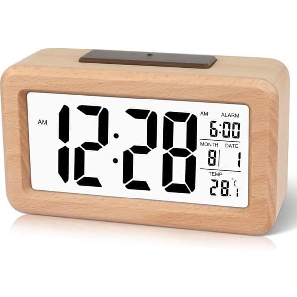 Digital Alarm Clock - Elegant Solid Wood Electronic Clock - Temperature Display - Backlight