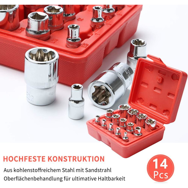 Sats med 14 stjärnformade Torx-hylsor I spärrfodral I Hylsset med E-profiler