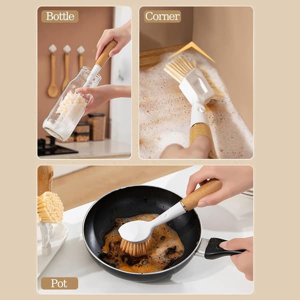 4-in-1 Kitchen Sink Brush Set, Bamboo Handle Grout Brush with Storage Holder, Replaceable Brush Heads and Cleaning Tools for Bottles, Dishes