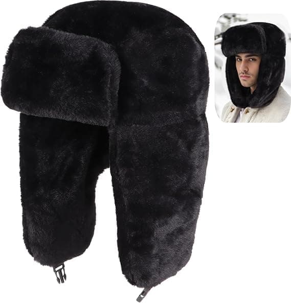 Behagelig vinterhat i ruskind til mænd og kvinder, trapperhat med øreklapper, vindtæt russisk Ushanka-hat, skihue til udendørs brug. Sort Black
