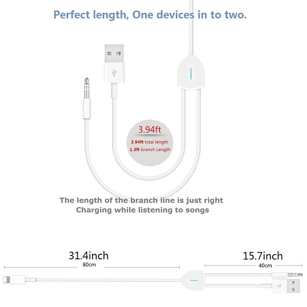Hjälpkabel för iPhone, Lightning till 3,5 mm Aux-kabel 2 i 1