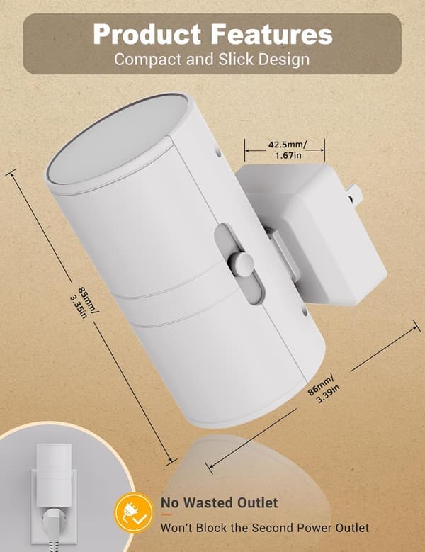 Wall-mounted adjustable night light with light sensor warm white 3000K brightness adjustable from 0-100 lumens two-pack.