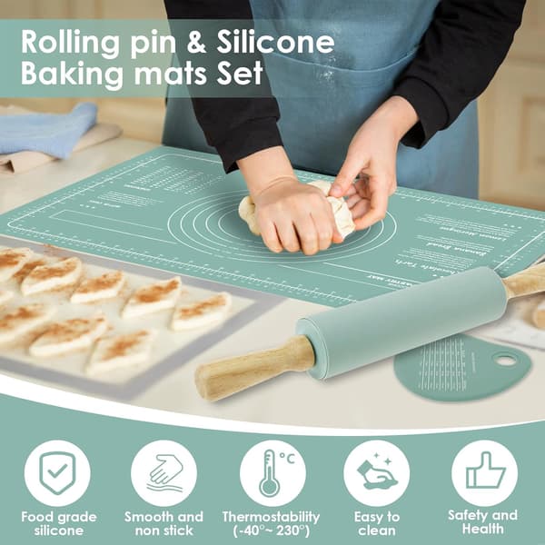 Silikon Bakematte Sett med Kjevle og Deigskrape Varmebestandig Silikon Bakeplate Nonstick Rektangulær Kakematte for Pizzadeig (grønn)