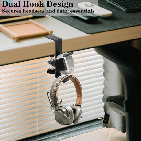 Aluminum Dual Hook Headphone and Backpack Hanger - Under Desk, Universal Gaming Headset Stand - Black