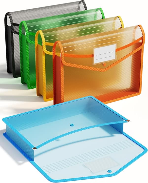 A4 Plastmappe, 5 stk. Dokumentmappe Gennemsigtige Konvolutter med Tryklukning, Ingen Skillevægge, Stor Kapacitet, Assorterede Farver