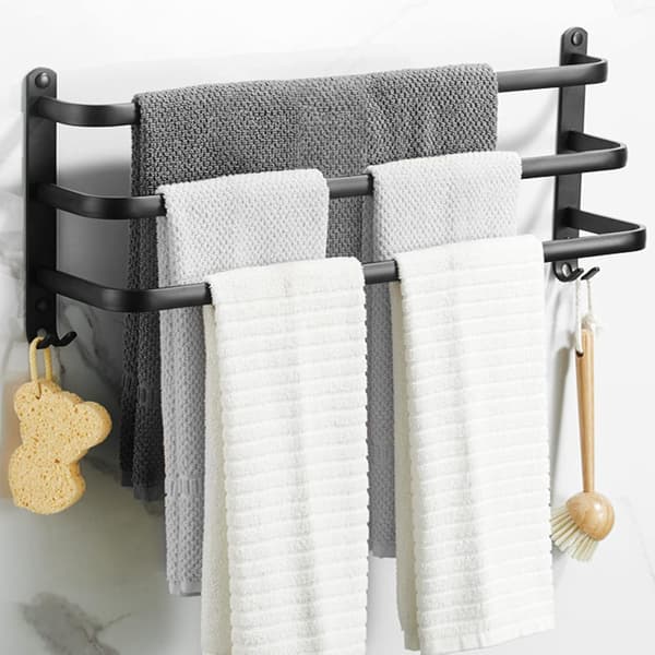 Musta – Kylpyhuoneen pyyheteline, mattamusta pyyheteline tangolla ja koukulla, seinään kiinnitettävä pyyheteline, poraamaton pyyheteline – 32 x 17 x 7 cm