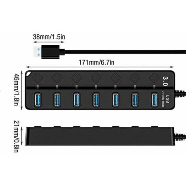 USB 3.0 Hubb, Multi 7 Port USB Strömförsörjning med Oberoende Strömbrytare, Drivna USB 3.0 Hubb, Flera USB Portar för PC, Laptop, MacBook, Mac