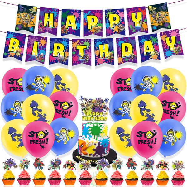 Splatoon 3 Spilltema Bursdagsfest Dekorasjon Tilbehør Banner Ballonger Kake/Cupcake Dekorasjonssett