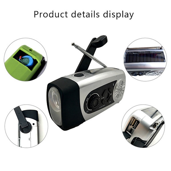Solardriven vevradio med nödväder, bärbar TF/FM-radio med LED-ficklampa 2000 mAh