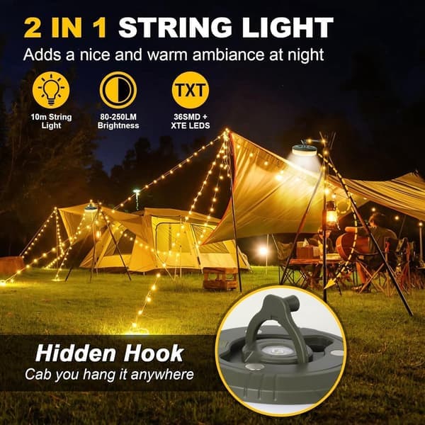 Camping String Lights 10 Meter - Atmosphere String - IPX4 Waterproof - Retractable - Rechargeable - Warm White | Outdoor Lighting - Camping Lamp