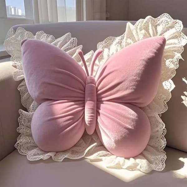 Sommerfugleformet pyntepude til sofa, seng, plys fløjl lændestøttepude til kontorstol og bilsæde (pink)