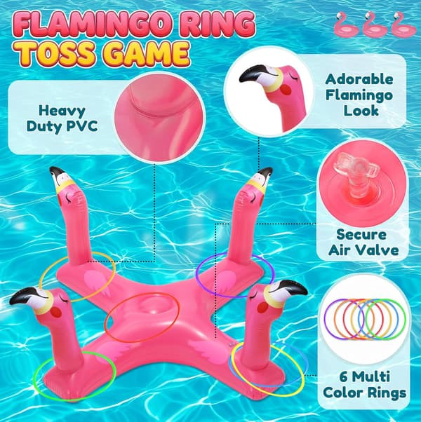 Oppustelige poolringkastespil, haj- og flamingoformede flydende poolringe, inkluderer 6 ringe, perfekt til sommerpoolfester.