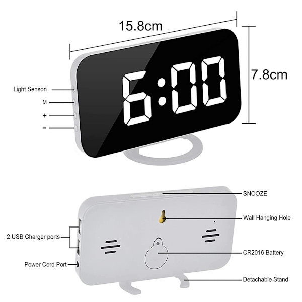Digital väckarklocka, väckarklockor för sovrum, stor display spegelyta väckarklocka med USB-laddare 12/24H, automatisk dimmerläge, för kontor sovrum