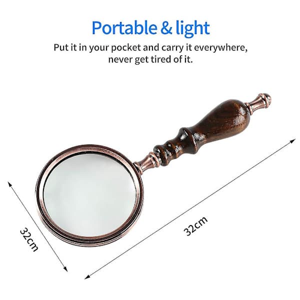 Handheld Magnifying Glass with Wooden Handle, Antique Copper - 10x