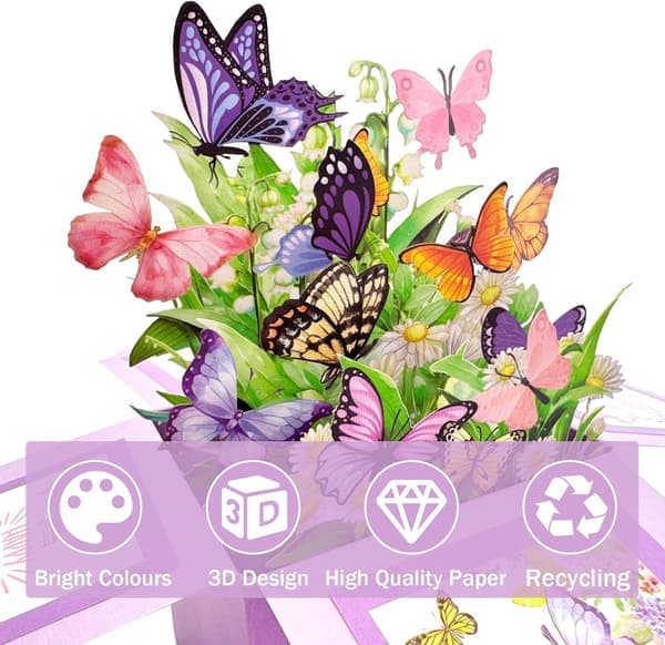 Bursdagskort for kvinner 3D sommerfugl pop-up kortboks sommerfugl og blomster gratulasjonskort inkluderer blanke notatkort og konvolutter.