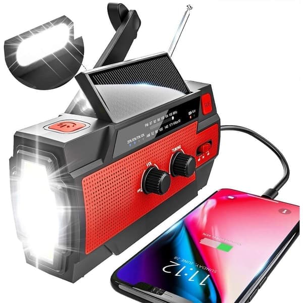 Nødradio med håndsving, solceller og AM/FM, indbygget 4000 mAh