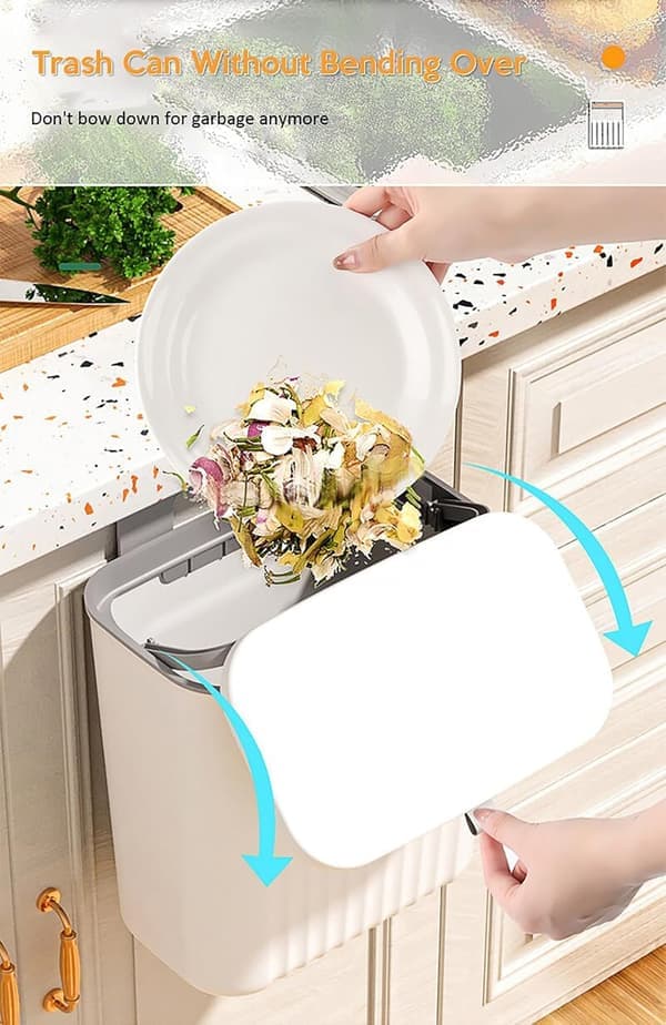 7 L Hanging Plastic Kitchen Trash Can with Lid, Double-Sided Opening Design, Kitchen Waste Bin, Hanging Wall Storage Bucket for Kitchen Cabinet Door