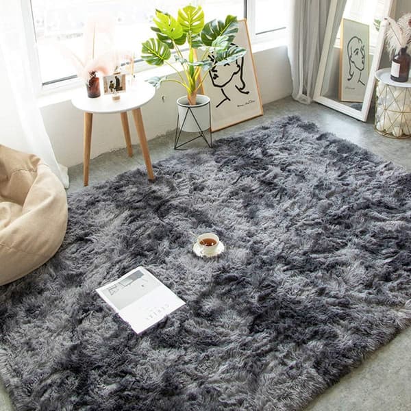 Gulvmåtte, stort tæppe, blødt soveværelsestæppe, skridsikkert, fluffy, rya-tæppe til indendørs brug (sort grå, 80 x 120 cm)