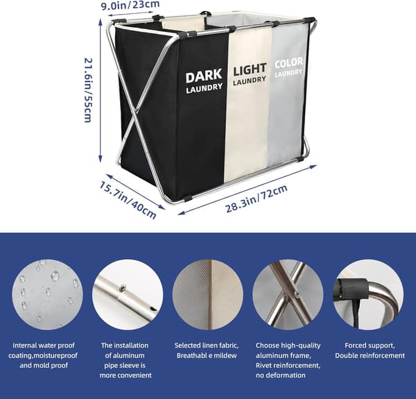 This laundry basket has a foldable design with three compartments and an aluminum frame, making it ideal for use in bathrooms and bedrooms.