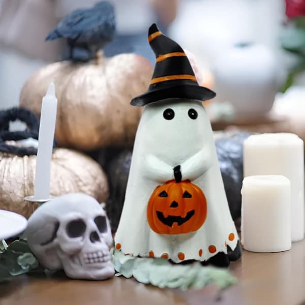 Halloween Decorations Ghost Statues Ceramic Ghost Decor Ghost Figurine Halloween Ghosts With Hats And Holding Pumpkin Statue