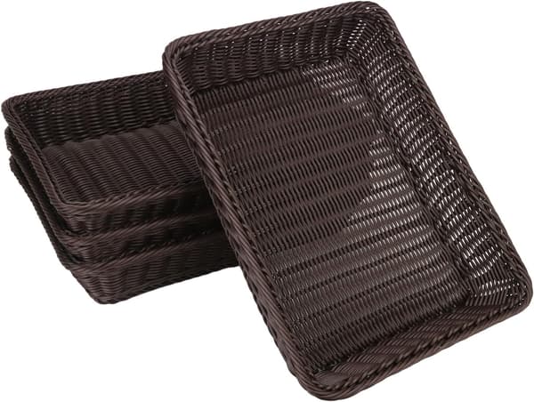 Poly Wicker Baskets 4-pack 16 inch Coffee Large Woven Baskets Storage – Rustic Durable & Easy-to-Clean Bread Baskets for Home, Restaurant & Hotel Use