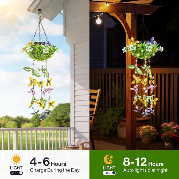 Solar Powered Hanging Garden Lights 2-pack - LED String Light with Artificial Butterflies and Flowers, IP65 Waterproof Outdoor Decor