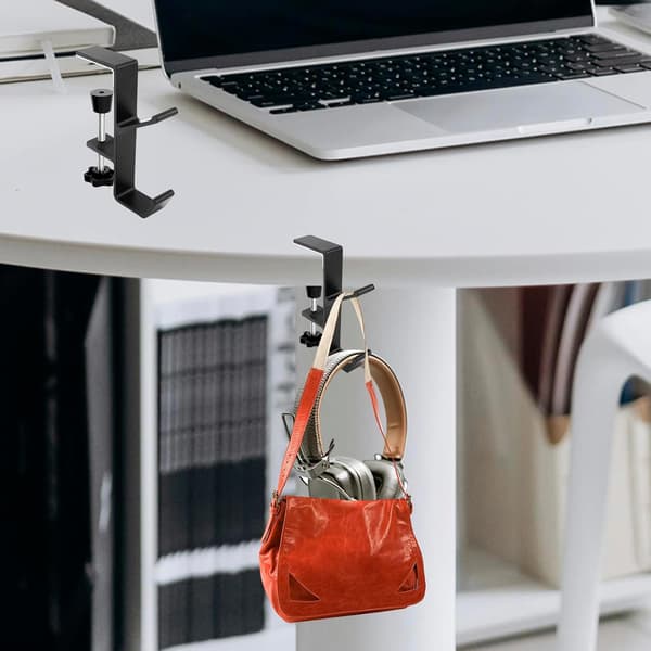 Aluminum Dual Hook Headphone and Backpack Hanger - Under Desk, Universal Gaming Headset Stand - Black