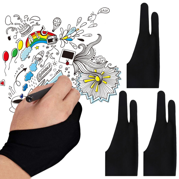 Artisthandske Antifouling Digital Draw Glove 3-pack högelastisk Lycra Fiber Två Fingerhandskar Fri storlek för grafikritning, surfplatta, dyna och konst