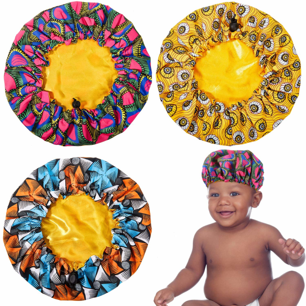 3-pack barnhattar i satäng Hårhuv för duschning Justerbar silkeslen cap Blomma Natthattar för toddler Barn Baby