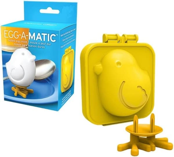 A Set of Two Yellow Chicken Shaped Egg Molds for Boiled Eggs - Cute and Creative Egg Shapers, a Fun Breakfast Helper.
