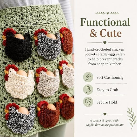 Crocheted Egg Collecting Apron with Chicken Pockets - Handmade Apron for Gathering Fresh Backyard Eggs