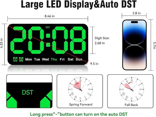 Digital väggklocka, 9 tums LED digital klocka med 12/24h, stora siffror, liten tyst väggklocka Grönt ljus Green Light