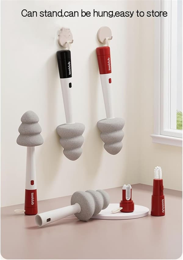 3-in-1 Bottle & Cup Cleaning Brush Set - Long Handle with 2 Replacement Heads for Straws & Tight Spaces (Red)