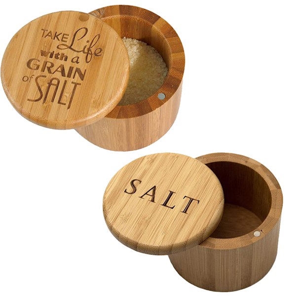 Saltkar i bambu med lock, saltbehållare med lock, saltströare, skål med magnetiskt svängbart lock