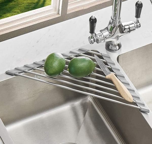 Triangular Roll-Up Dish Drying Rack - Stainless Steel Over Sink Dish Rack - Space Saving Kitchen Organizer for Dishes and Utensils - Grey