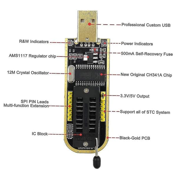 CH341A USB-programmerere Eeprom Bios Flasher Programmerbar logisk krets med Sop8 Flash Clip Kompatibel med 24/25 serielle brikker
