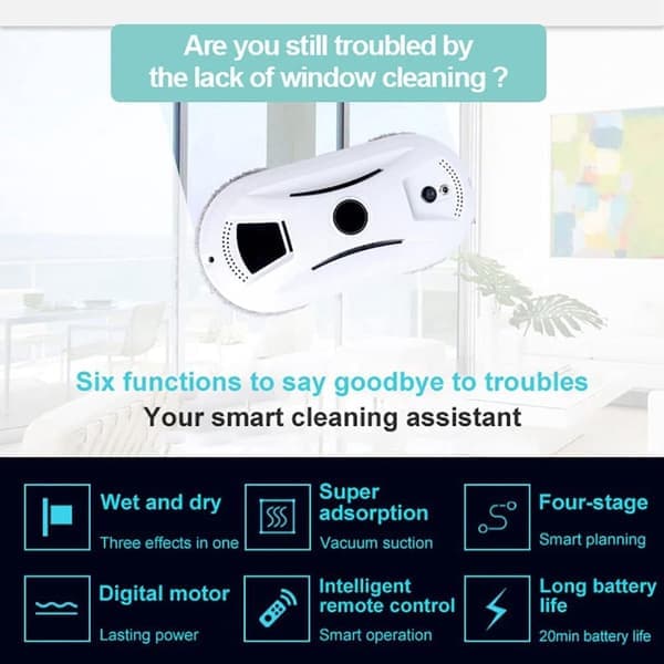 Window Cleaning Robot for Glass - Strong Suction Glass Cleaning Robot with Remote Control - Automatic Robotic Cleaner for Vertical Surfaces - White