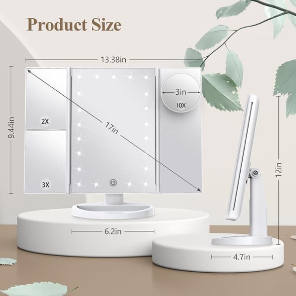 A makeup mirror with built-in light with 2x, 3x, and 10x magnification, touch controls, a tri-fold design, and dual power supplies. White