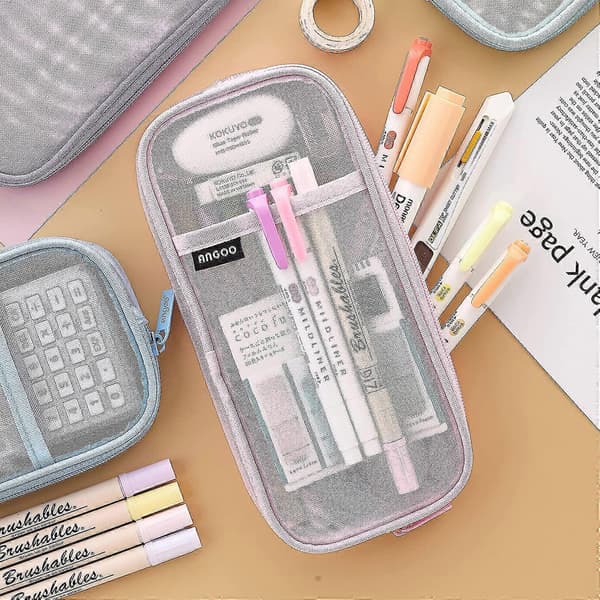 Transparent mesh pencil case, stationery storage bag with zipper, transparent pencil case for school students (pink)