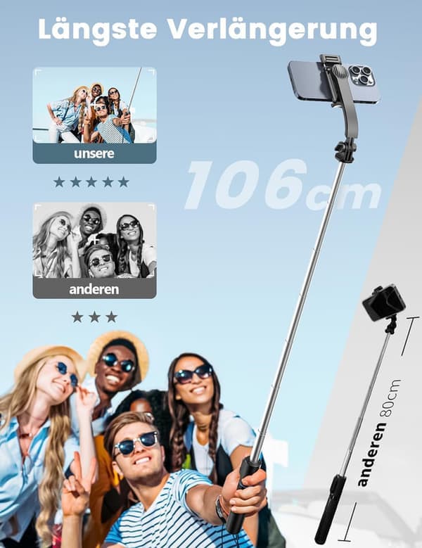 Selfie Stick/106cm Adjustable Tripod Mobile Stand with Bluetooth Remote Control, Detachable Clip, 360° Rotating Stand