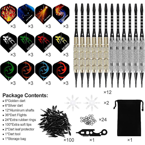 Plastspets Dart, 18g Soft Tip Dart Set För Elektronisk Darttavla, 12 Darts Med 36 Flights Och 100 Tips, 20 Gummiringar