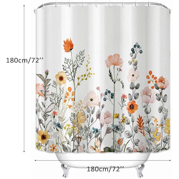 Duschdraperier, duschdraperi i tyg Blommor och växter Vit