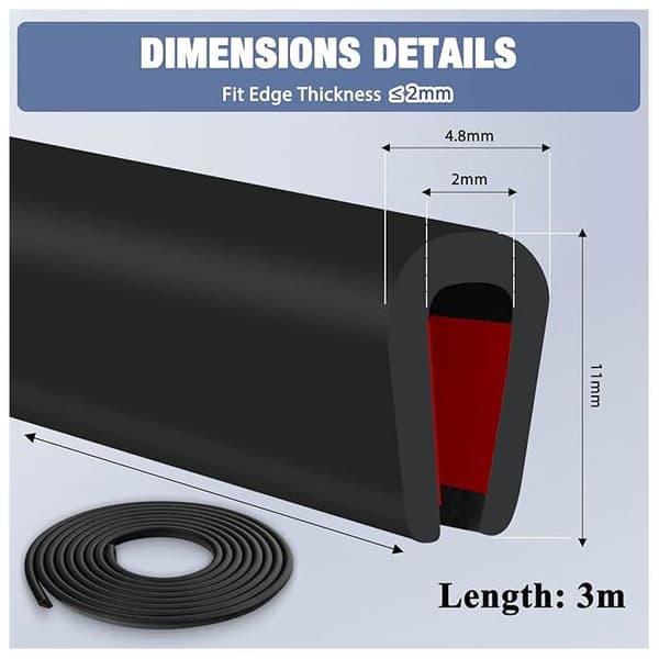 U-shaped Seal - XVX - Sheet Metal Edge Protector - Flexible Rubber - 3m, 2mm - Black