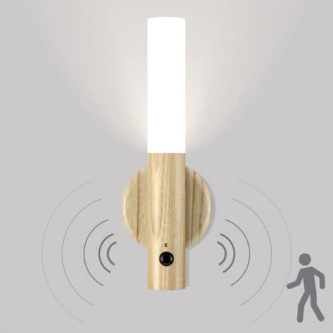 Set of 2 Wireless Wall Lights in Light Wood – Rechargeable LED Night Light with Motion Sensor – Quick Installation Without Drilling