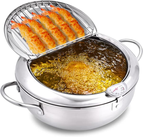 Friteuse med temperaturkontroll, 2,2L frityrgryte i rustfritt stål, multifunksjonell gryte mot oljesøl for hjemmelaging
