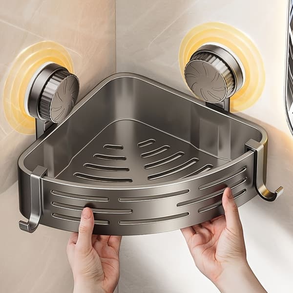 [Bathroom Shelf with Suction Cup] Space-saving Bathroom Shelf with Suction Cup - No Drilling Required, Heavy-duty Triangle Shelf with Hooks, Suitable for Gray