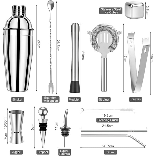 Cocktailset, Cocktail Shaker Set i Rostfritt Stål, 15-Delars Cocktailbar Set