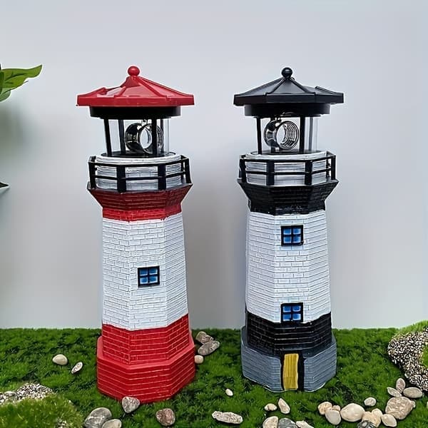 Solar-Powered Rotating Lighthouse LED Landscape Lamp - 360° Swivel Red & White Resin Statue with Illuminated Path Lighting, Durable Garden [YJD]